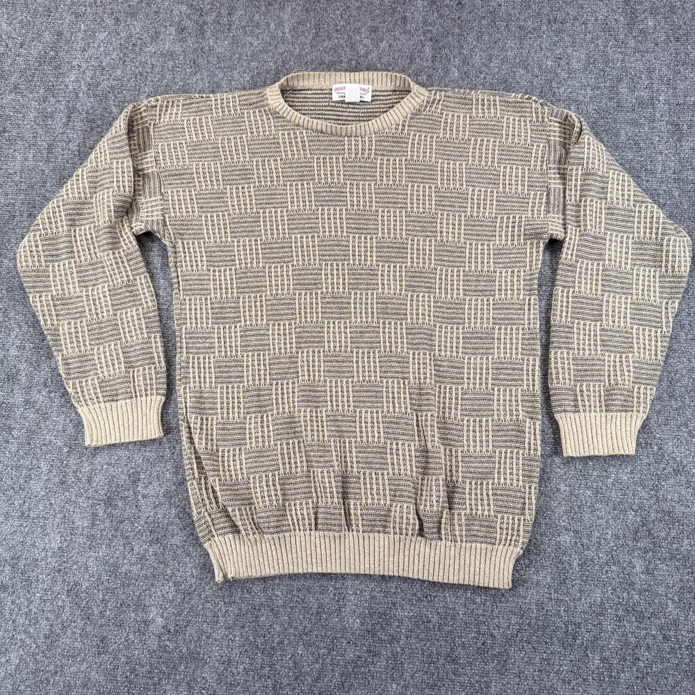 Boca Classics Sweater Mens Large Beige Gray Geometric‎ Knit Pullover 3D USA 90s